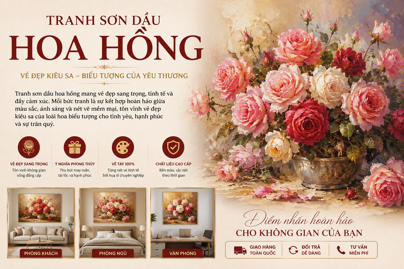 tranh sơn dầu bình hoa hồng Tranh sơn dầu hoa hồng