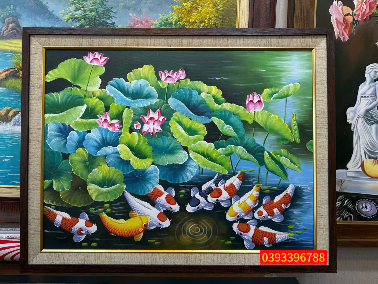 Tranh sơn dầu cá chép hoa sen phong thủy cao cấp