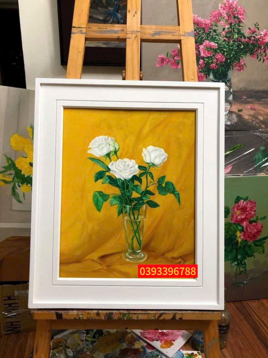 tranh sơn dầu bình hoa hồng