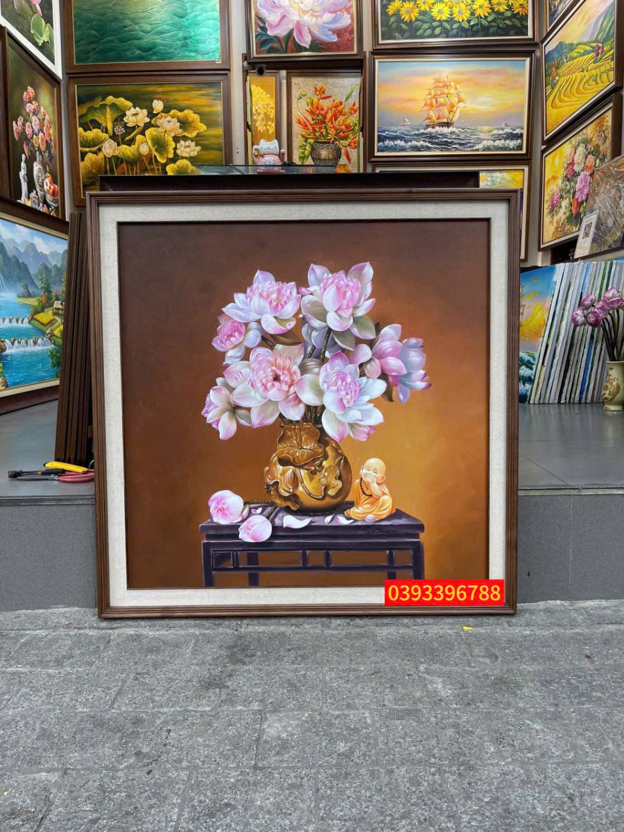 Tranh hoa sen bình gốm cổ điển nghệ thuật