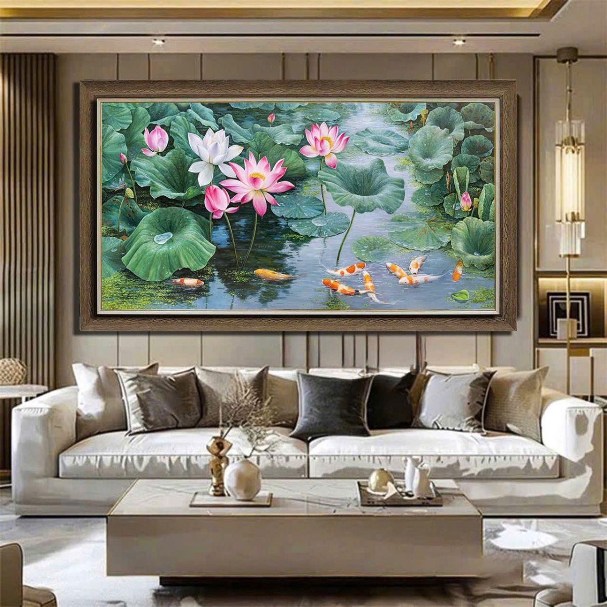 Tranh hoa sen treo phòng khách đẹp Tranh hoa sen treo phòng khách sang trọng